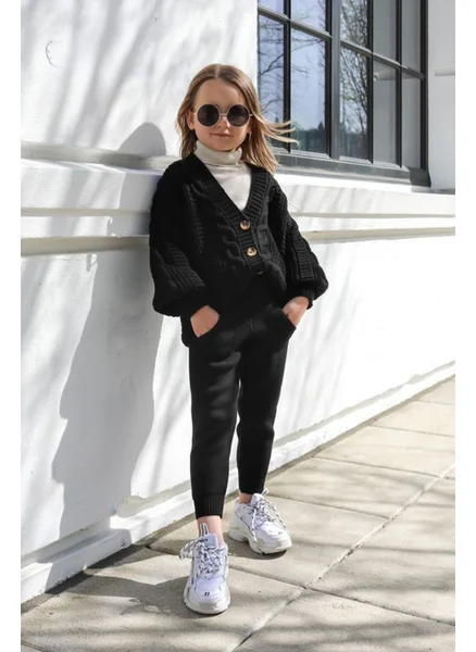 Miniğimin Cicileri My Little Ones Chain Pattern Knitted Cardigan Girl 2 Piece Set - Black
