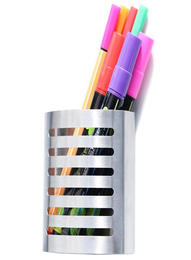 Sanpaint Magnetic Modern Pen and Pencil Holder, Metal Writing Utensil Storage Organizer for Kitchen, Locker, Home, or Office, 3.25" x 1.75" x 3.50", Brushed Stainless Steel - Image 1