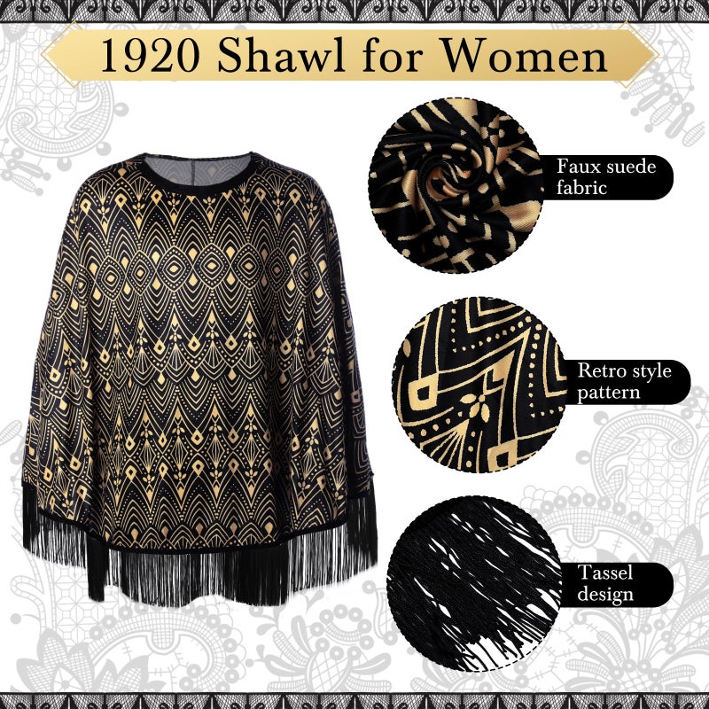 Floraltop 6 Pcs 1920s Flapper Costume Accessories Set for Women Fringed Poncho Flapper Shawl Outfits(Black,Fashion) - Image 3