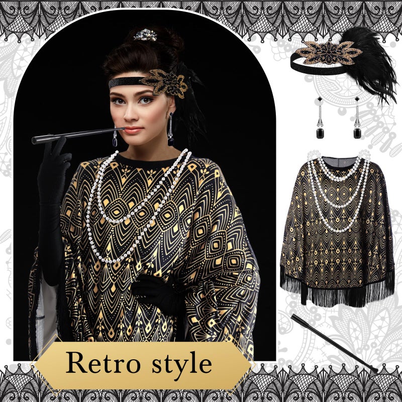 Floraltop 6 Pcs 1920s Flapper Costume Accessories Set for Women Fringed Poncho Flapper Shawl Outfits(Black,Fashion) - Image 4