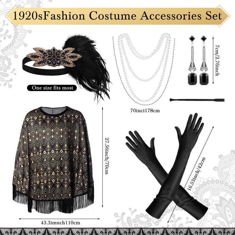 Floraltop 6 Pcs 1920s Flapper Costume Accessories Set for Women Fringed Poncho Flapper Shawl Outfits(Black,Fashion) - Image 2