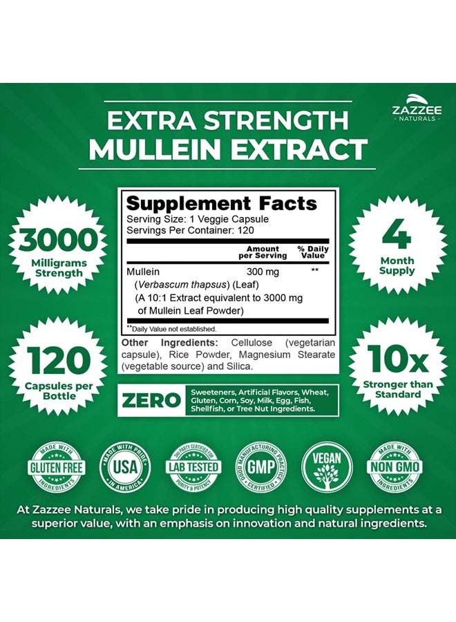 Zazzee Extra Strength Mullein 10:1 Extract, 3000 mg Strength, 120 Vegan Capsules, 100% Pure Leaf Powder, Non-GMO and All-Natural - Image 2