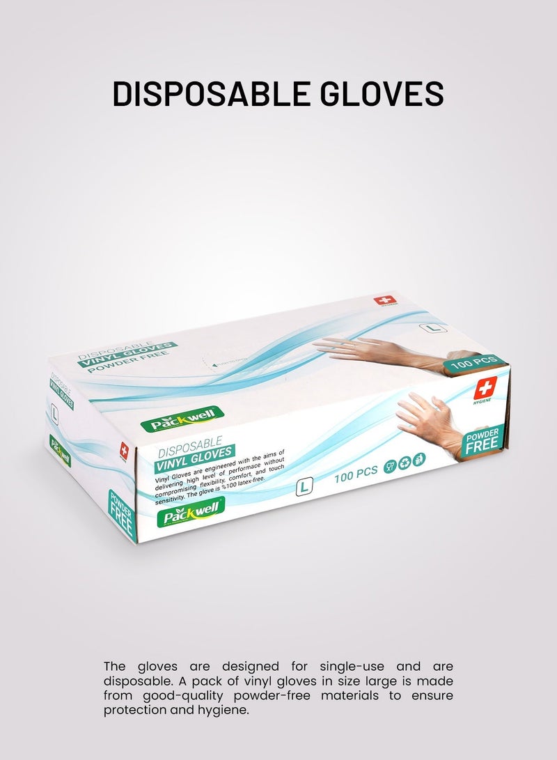 Packwell vinyl Gloves clear powder free Large 100 pcs - Image 1