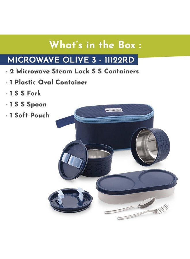 Magnus Microwave Olive 3 - Stainless Steel Lunch Box for Kids and Adults with 2 Steamlock Containers | Ideal Lunch Boxes for Office Men | Includes Roti Box, Steel Fork, and Spoon - Image 2