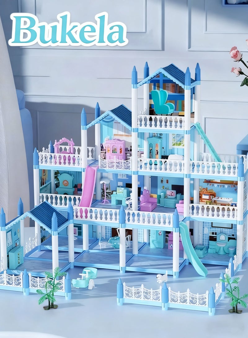 كيلا مجموعة لعب بيت الدمى الضخم المكون من 4 طوابق، مع 14 غرفة، ودميتين، وشريطين ضوئيين ملونين، وإضاءة للتجميع، مناسب للمطبخ، وغرفة النوم، والأثاث، والحديقة، وإكسسوارات الحيوانات الأليفة، بيت الأحلام للبنات، طقم بيت الدمى التظاهري - بيت لعب قصصي مع دمى، وشخصيات لعب، وأثاث، وإكسسوارات، لعبة هدية للأطفال من سن 3 إلى 4 إلى 5 سنوات فما فوق - Image 1