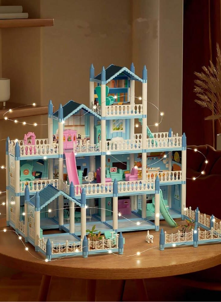 كيلا مجموعة لعب بيت الدمى الضخم المكون من 4 طوابق، مع 14 غرفة، ودميتين، وشريطين ضوئيين ملونين، وإضاءة للتجميع، مناسب للمطبخ، وغرفة النوم، والأثاث، والحديقة، وإكسسوارات الحيوانات الأليفة، بيت الأحلام للبنات، طقم بيت الدمى التظاهري - بيت لعب قصصي مع دمى، وشخصيات لعب، وأثاث، وإكسسوارات، لعبة هدية للأطفال من سن 3 إلى 4 إلى 5 سنوات فما فوق - Image 2