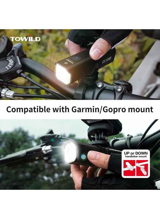 TOWILD CL1200 Bicycle Front Headlight with 1200 Lumens - High-Power Bike Light for Night Riding and Road Safety - USB Rechargeable Waterproof LED Light with Garmin/GoPro Mount Support - Image 3