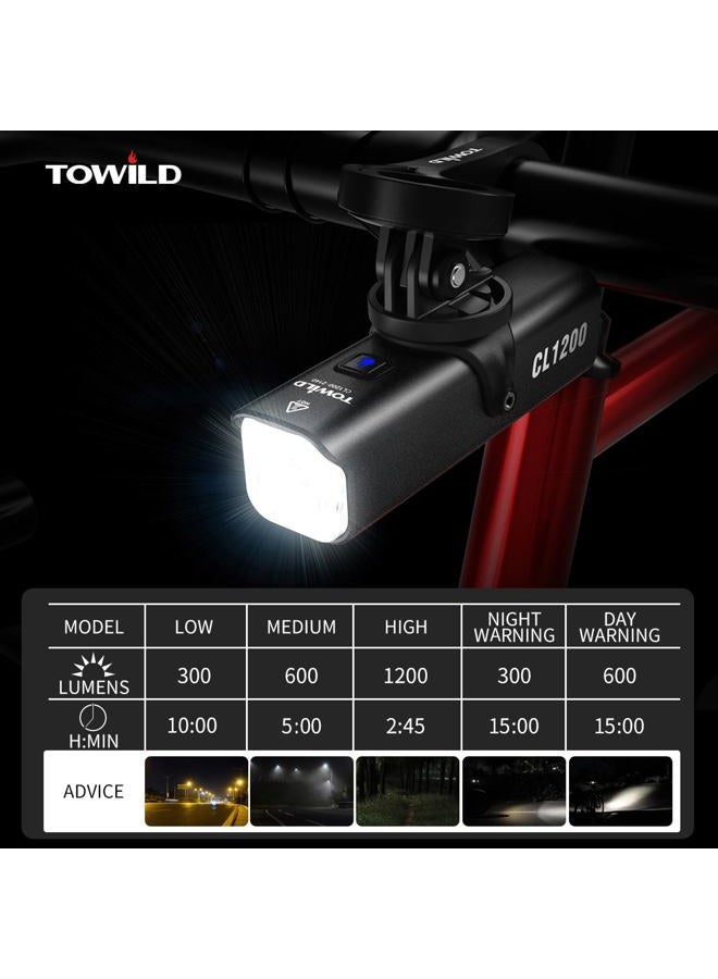 TOWILD CL1200 Bicycle Front Headlight with 1200 Lumens - High-Power Bike Light for Night Riding and Road Safety - USB Rechargeable Waterproof LED Light with Garmin/GoPro Mount Support - Image 4