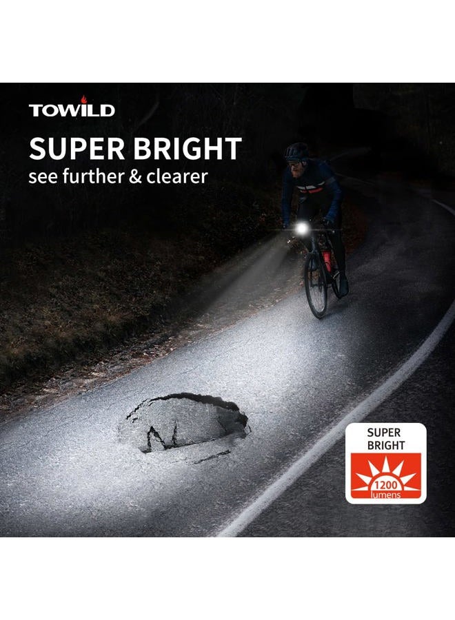 TOWILD CL1200 Bicycle Front Headlight with 1200 Lumens - High-Power Bike Light for Night Riding and Road Safety - USB Rechargeable Waterproof LED Light with Garmin/GoPro Mount Support - Image 2