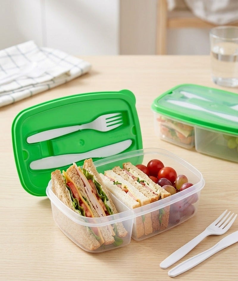 Divided Food Container with Fork and Knife 2 Pcs set, Practical Lunchbox for Work and School - Image 1