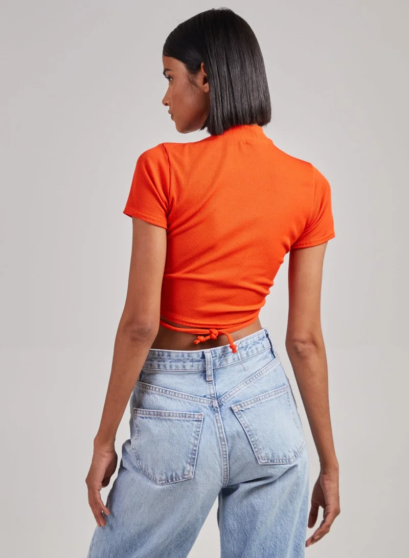 Pink Vanilla Short Sleeve Gathered Keyhole Ribbed Top