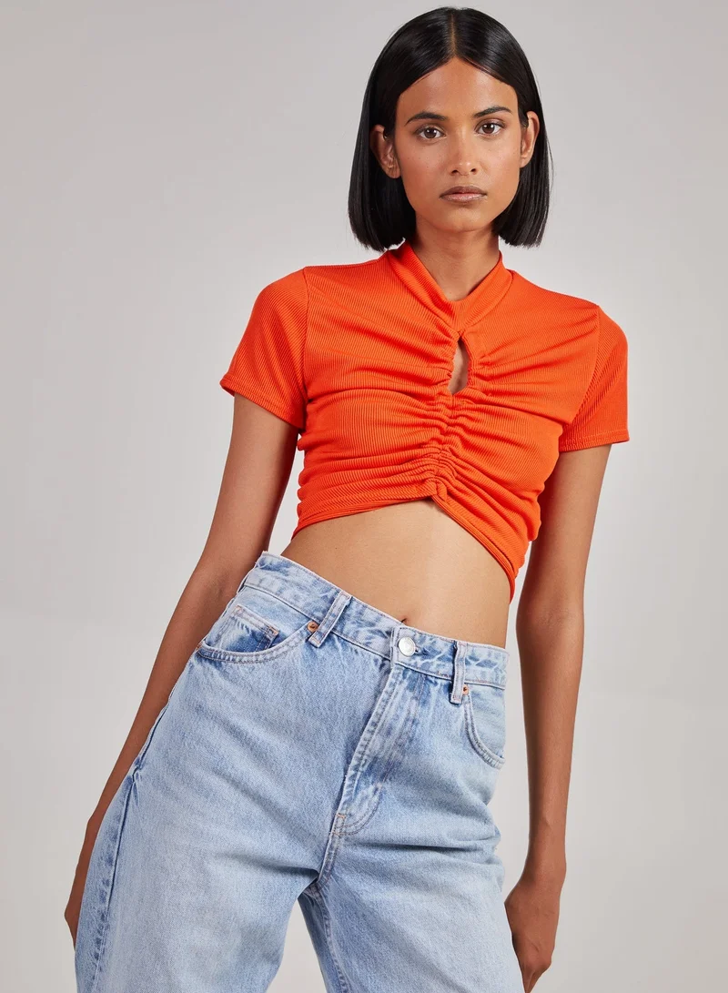 Pink Vanilla Short Sleeve Gathered Keyhole Ribbed Top