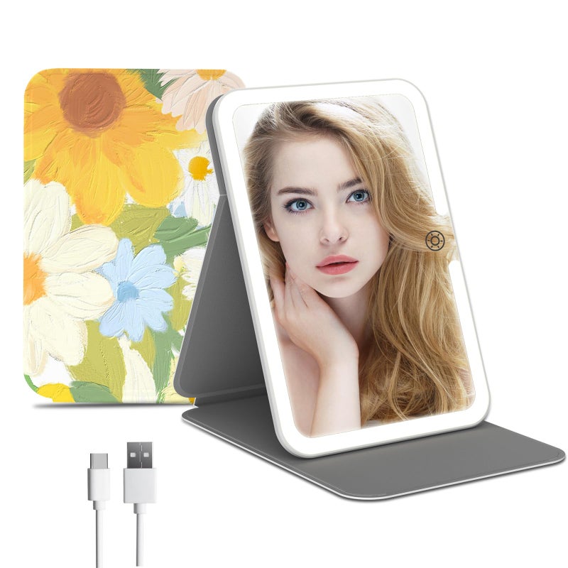 Rechargeable Travel Lighted Makeup Mirror with PU Leather Cover Portable Travel Makeup Mirror with lights 3 Color LightingTouch Sensor Dimmable Light Up Tabletop Cosmetic Mirror Folding Flower