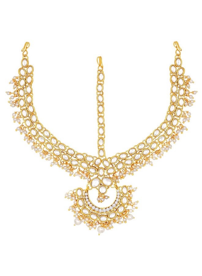 Peora Traditional Gold Plated Red Kundan Pearl Maang Tikka Matha Patti for Women Girls - Image 1