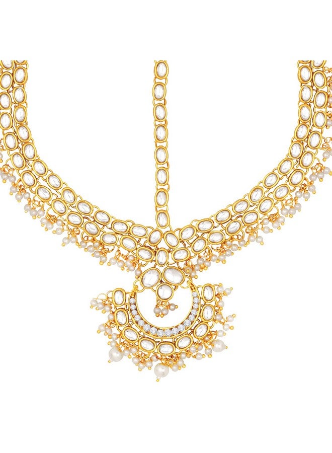 Peora Traditional Gold Plated Red Kundan Pearl Maang Tikka Matha Patti for Women Girls - Image 3