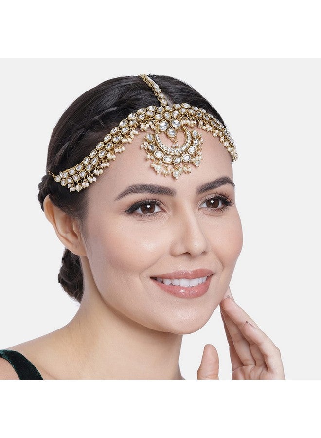 Peora Traditional Gold Plated Red Kundan Pearl Maang Tikka Matha Patti for Women Girls - Image 2