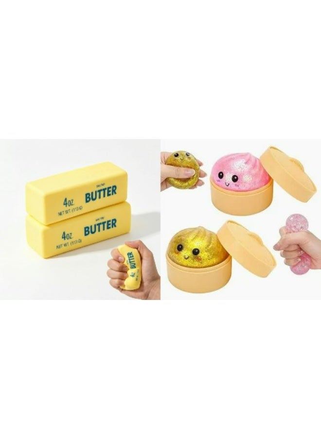 2 pcs butter squishy and 2 pcs random color mini glitter dumpling squishy ideal for kids and party favors