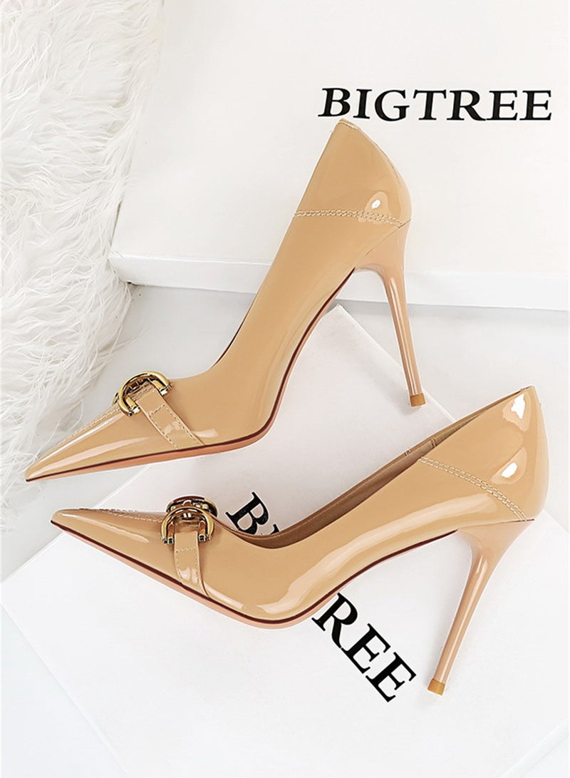 بيج تري أوروبا والولايات المتحدة الأمريكية براءات الاختراع والجلود عالية الكعب السلس الضحلة الفم وأشار رأ حذاء معدني واحد  10.5CM بيج - Image 2