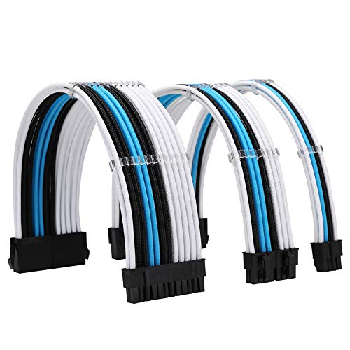 Formulamod PSU Cable Extension Kit 18AWG Sleeved, 24 Pin ATX + 8 Pin EPS + Dual 8 Pin PCI-E, Custom PC Cable Extensions with Combs for Clean Cable Management & Gaming PC Build (White Black Sky Blue) - Image 1