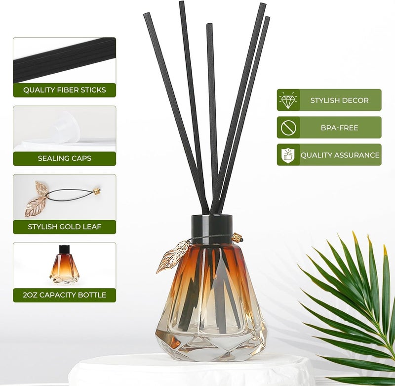 TRIFOLIC Reed Diffuser Set - 4 Empty Bottles with 20 Sticks, Delicate Gold Leaf Decor, Glass Fragrance Diffuser with Lids for Home, Bathroom | Refillable, Diamond Style (4 PCS Black) - Image 3