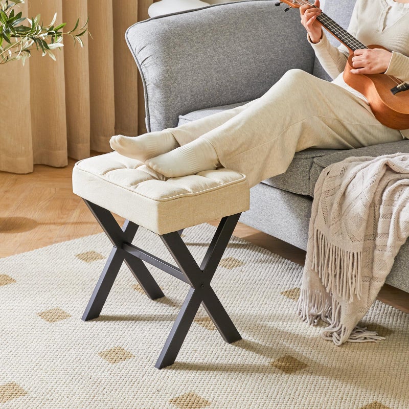 IBUYKE Square Makeup Stool with X-Leg Foot Rest, Linen Footrest, Ottoman Seat, Multi-Use as Small Side Table, for Bedroom, Living Room, Linen LG-70Y - Image 4
