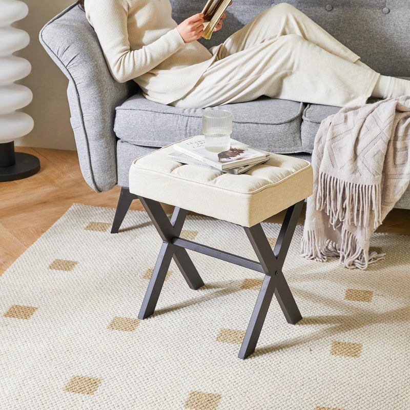 IBUYKE Square Makeup Stool with X-Leg Foot Rest, Linen Footrest, Ottoman Seat, Multi-Use as Small Side Table, for Bedroom, Living Room, Linen LG-70Y - Image 3