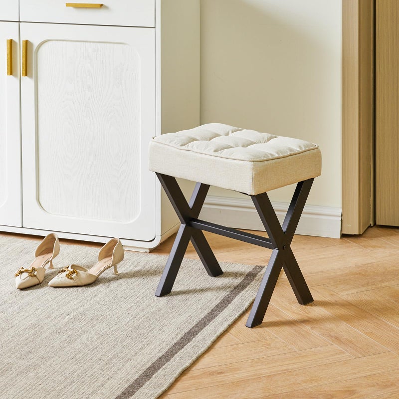 IBUYKE Square Makeup Stool with X-Leg Foot Rest, Linen Footrest, Ottoman Seat, Multi-Use as Small Side Table, for Bedroom, Living Room, Linen LG-70Y - Image 2