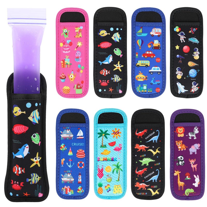JANYUN 24 Pack Popsicle Holder for Kids Cute Animal Dinosaur Shark Ice Pop Sleeves Reusable Washable Freeze Pop Holders Bags Neoprene Insulator Popsicle Sleeves for Boys Girls