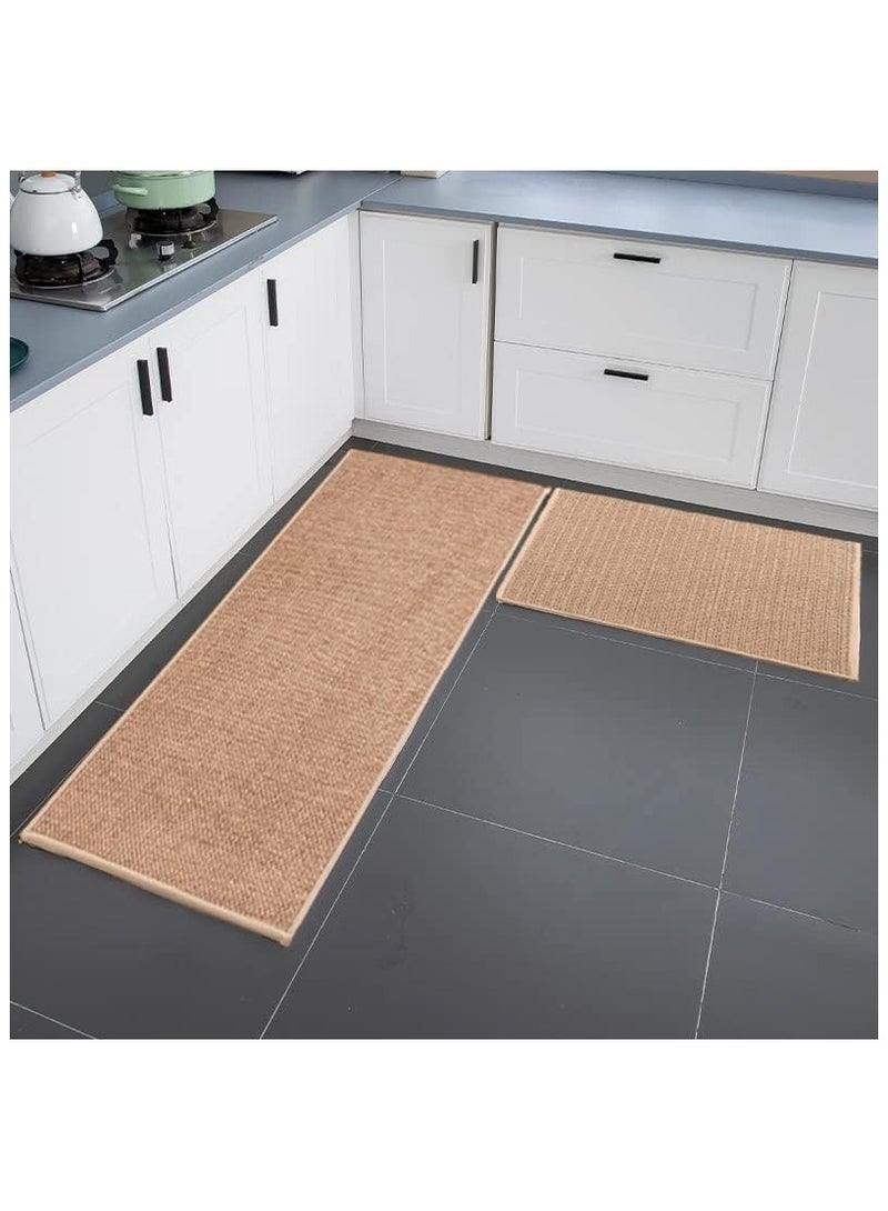 NANAO Kitchen Rug and Mat Set Non-Slip [2 PCS] | Washable | Non-Skid Natural Absorbent Thin Woven Floor Mat | Floor Runner Rugs Set| Laundry Room, Hallway (Oats) (120x44 & 75x44 cm) - Image 3