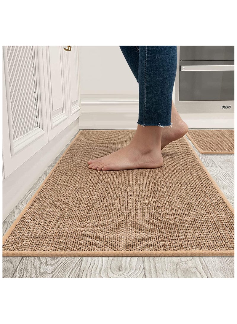 NANAO Kitchen Rug and Mat Set Non-Slip [2 PCS] | Washable | Non-Skid Natural Absorbent Thin Woven Floor Mat | Floor Runner Rugs Set| Laundry Room, Hallway (Oats) (120x44 & 75x44 cm) - Image 1