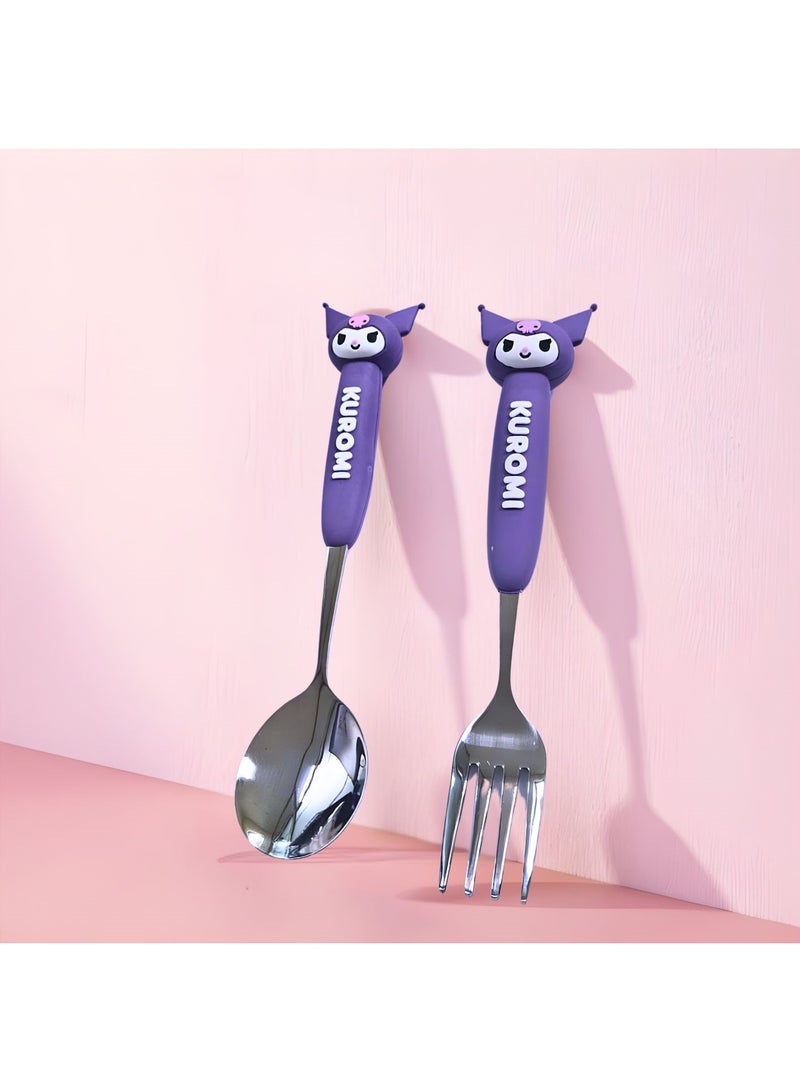 Sanrio Kuromi Spoon and Fork Set with Storage Case – Cute Cartoon Stainless Steel Cutlery for Kids & Adults | Portable Travel Utensils Set with Soft Grip Handles - Image 1