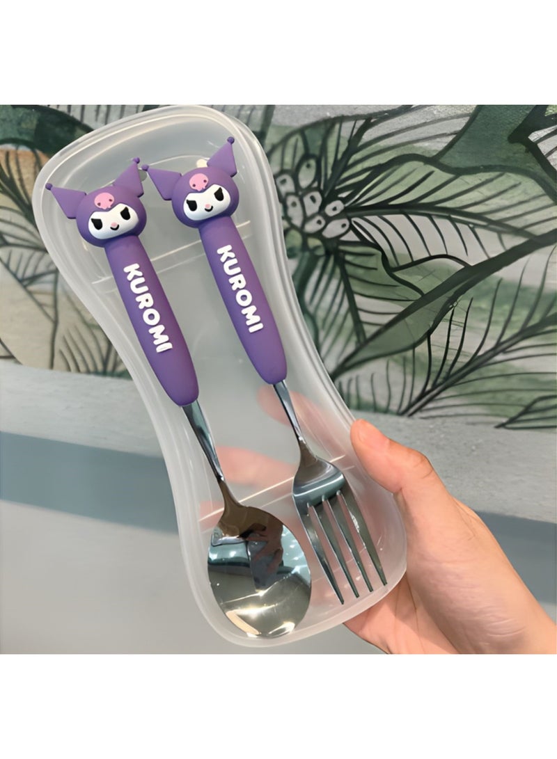 Sanrio Kuromi Spoon and Fork Set with Storage Case – Cute Cartoon Stainless Steel Cutlery for Kids & Adults | Portable Travel Utensils Set with Soft Grip Handles - Image 2
