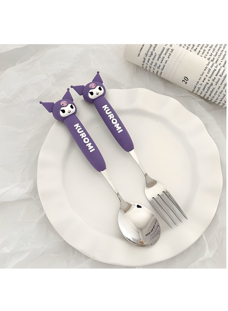 Sanrio Kuromi Spoon and Fork Set with Storage Case – Cute Cartoon Stainless Steel Cutlery for Kids & Adults | Portable Travel Utensils Set with Soft Grip Handles - Image 3