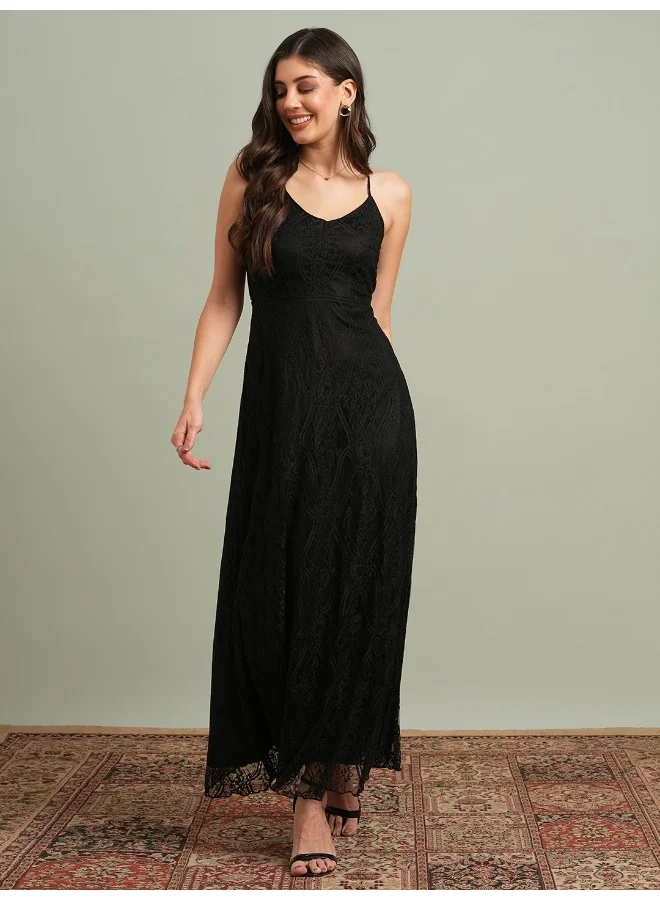 globus Globus Women V-Neck Back Side Cross Strap Cut-Out Detail Lace Fit & Flare Maxi Party Dress