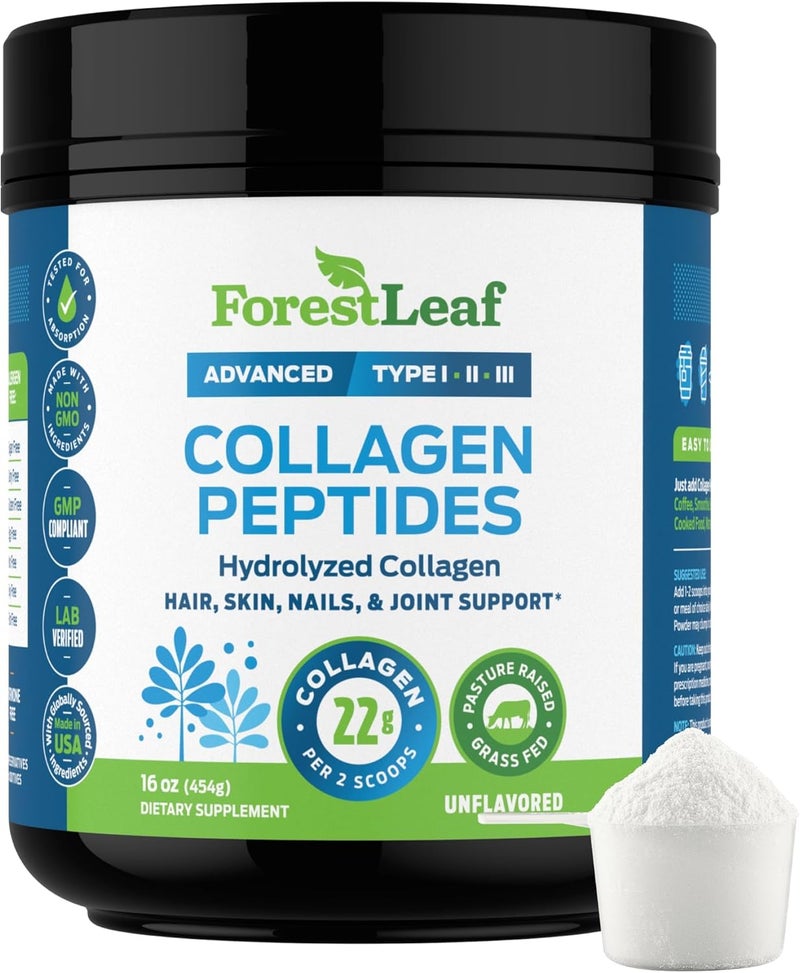 ForestLeaf Collagen Peptides Powder Unflavored  Hydrolyzed Grass Fed Keto Collagen Protein Powder Type 1 2  3  Vital Hair Skin Nails Joints Recovery 11g Per Serving - Image 1