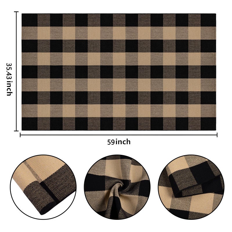 BUAGETUP Washable Outdoor Rug 3'x5',Black and Tan Checkered Rug Cotton Woven Washable Farmhouse Front Door Mat Outdoor for Entryway,Patio,Bedroom,Hello Welcome Mat - Image 2