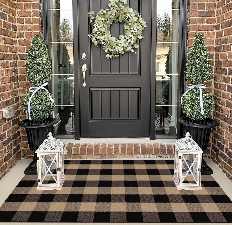 BUAGETUP Washable Outdoor Rug 3'x5',Black and Tan Checkered Rug Cotton Woven Washable Farmhouse Front Door Mat Outdoor for Entryway,Patio,Bedroom,Hello Welcome Mat - Image 4