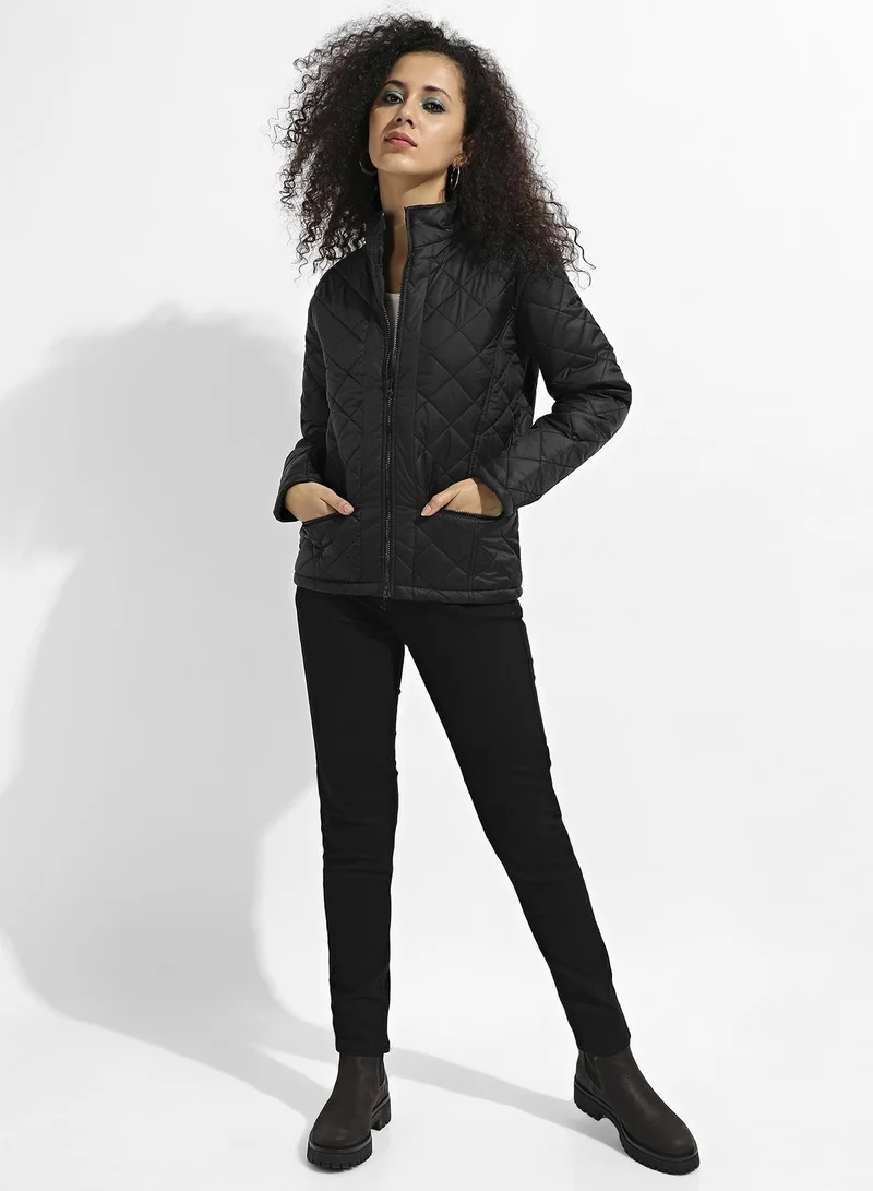 Campus Sutra Women's Black Quilted Puffer Jacket With Zip Closure
