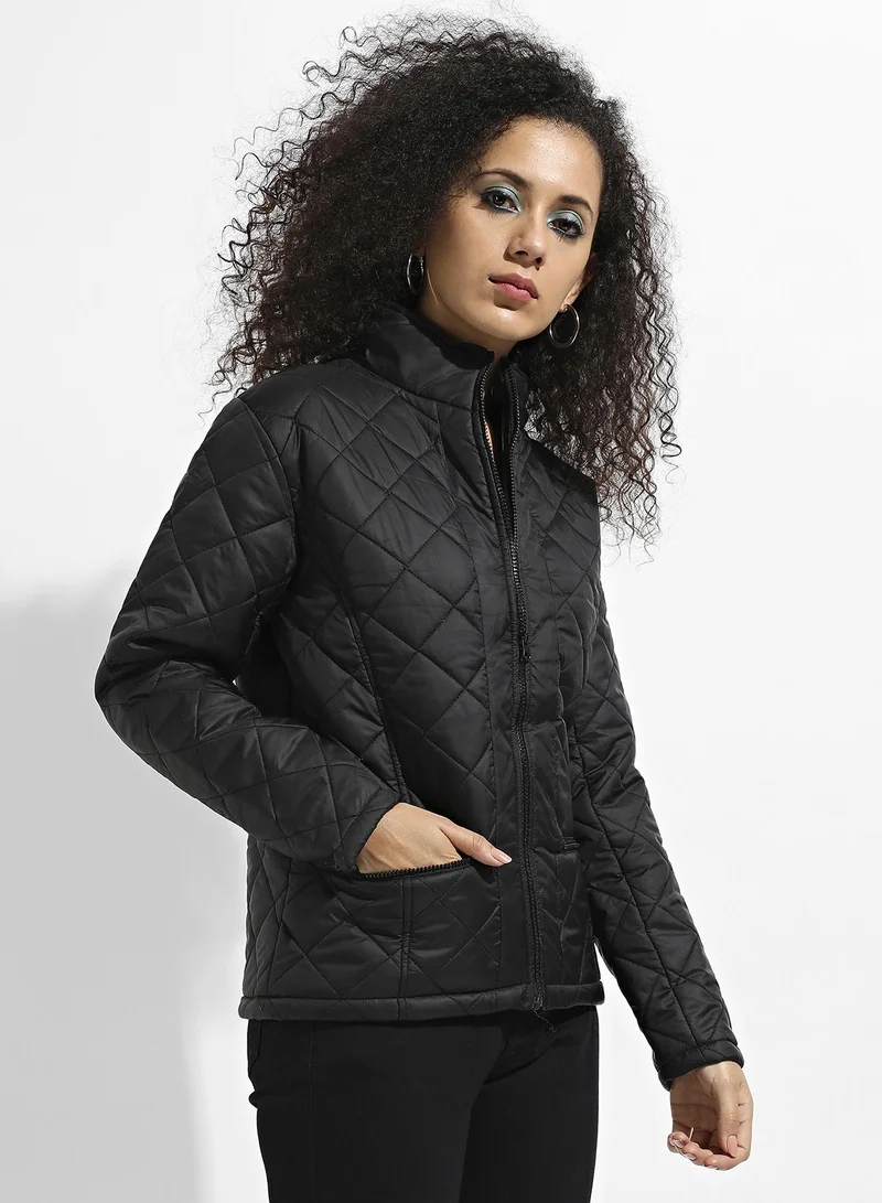 Campus Sutra Women's Black Quilted Puffer Jacket With Zip Closure