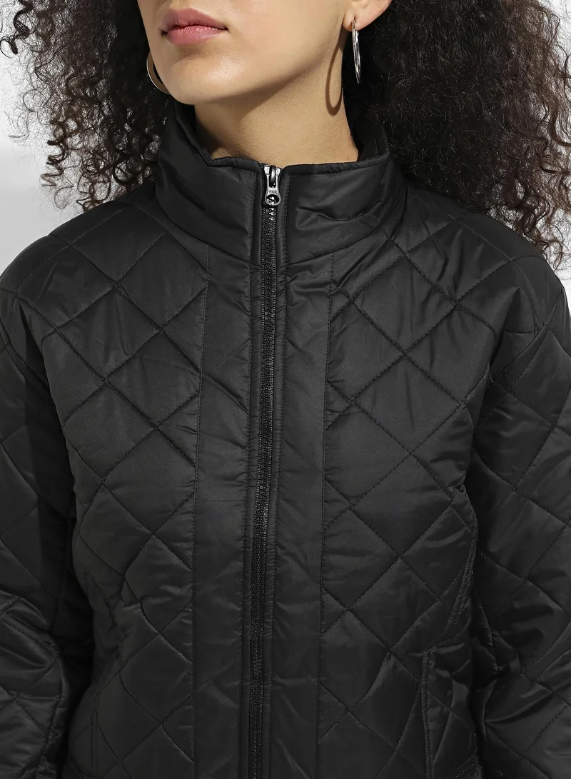 Campus Sutra Women's Black Quilted Puffer Jacket With Zip Closure
