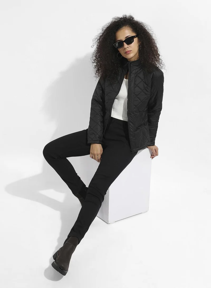 Campus Sutra Women's Black Quilted Puffer Jacket With Zip Closure