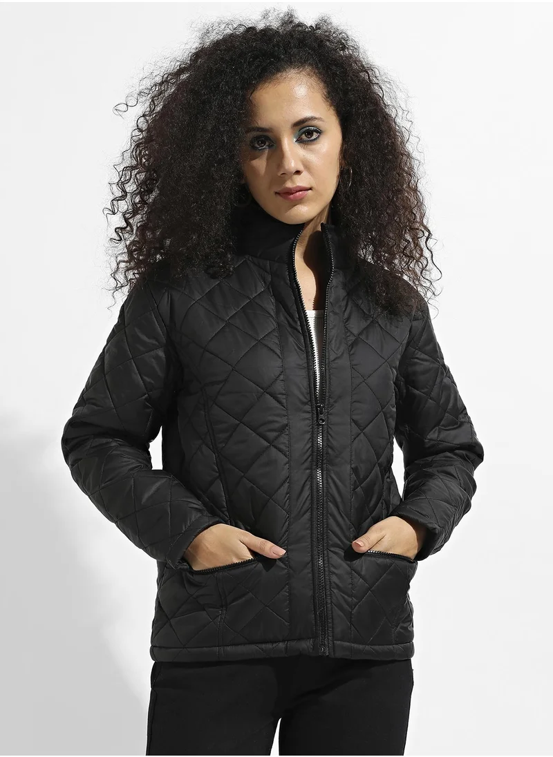 Campus Sutra Women's Black Quilted Puffer Jacket With Zip Closure