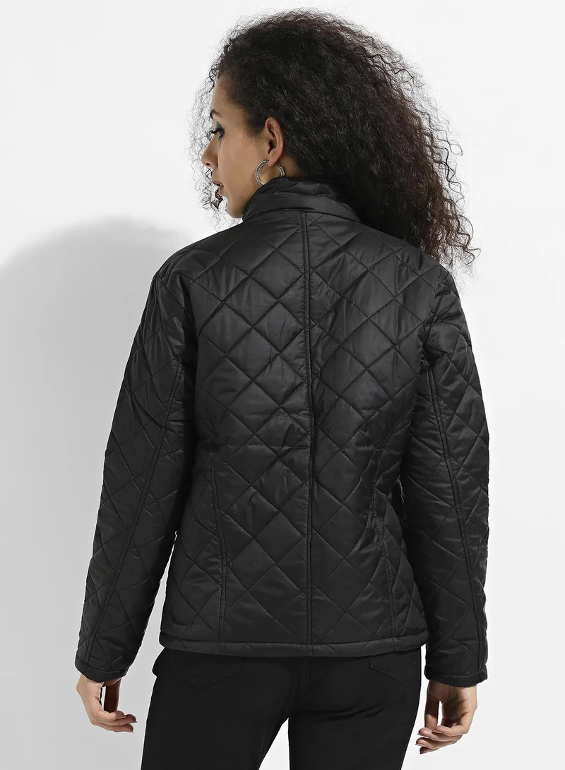 Campus Sutra Women's Black Quilted Puffer Jacket With Zip Closure
