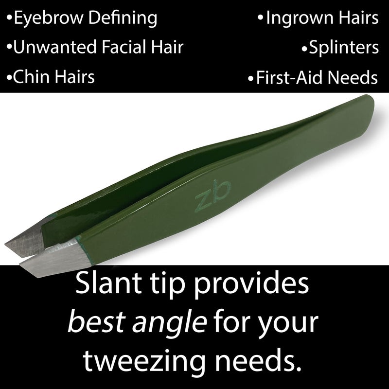 Zizzili Basics Tweezers â€“ Surgical Grade Stainless Steel - Slant Tip for Expert Eyebrow Shaping and Facial Hair Removal â€“ with Protective Pouch (Army Green) - Image 2