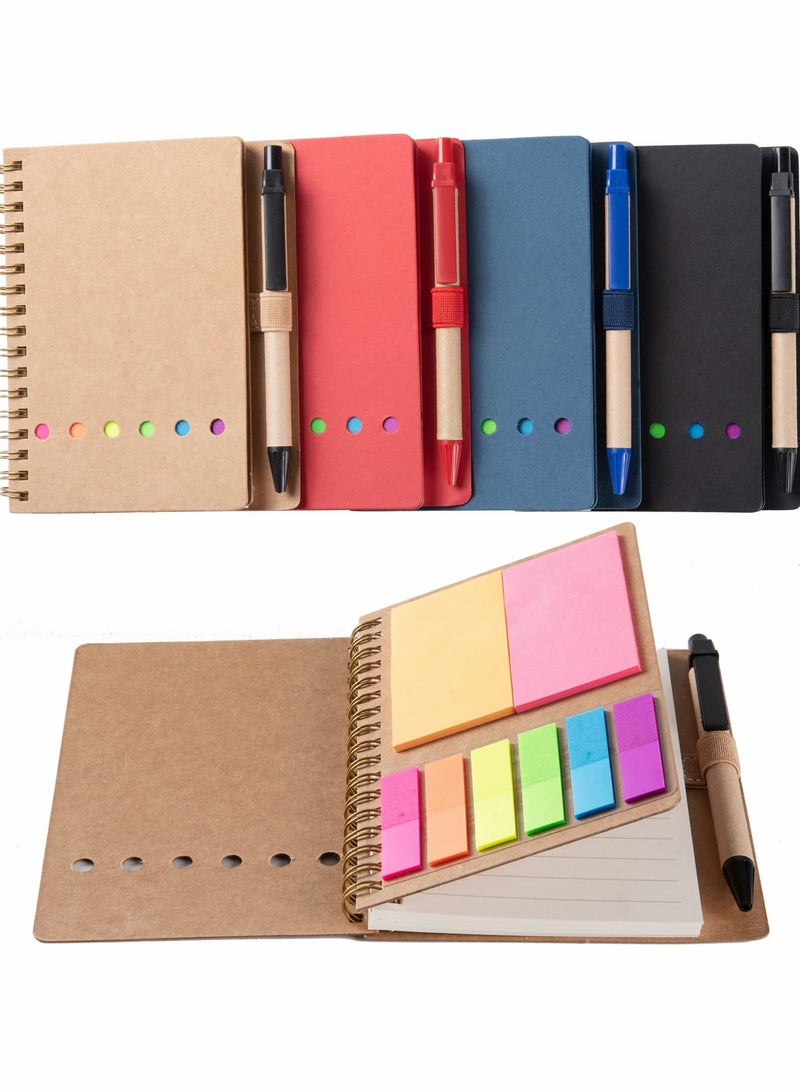 4-Pack Mini Spiral Notebooks with Pen Holder, Sticky Notes & Colorful Page Markers (Black, Red, Brown, Blue) - Image 1