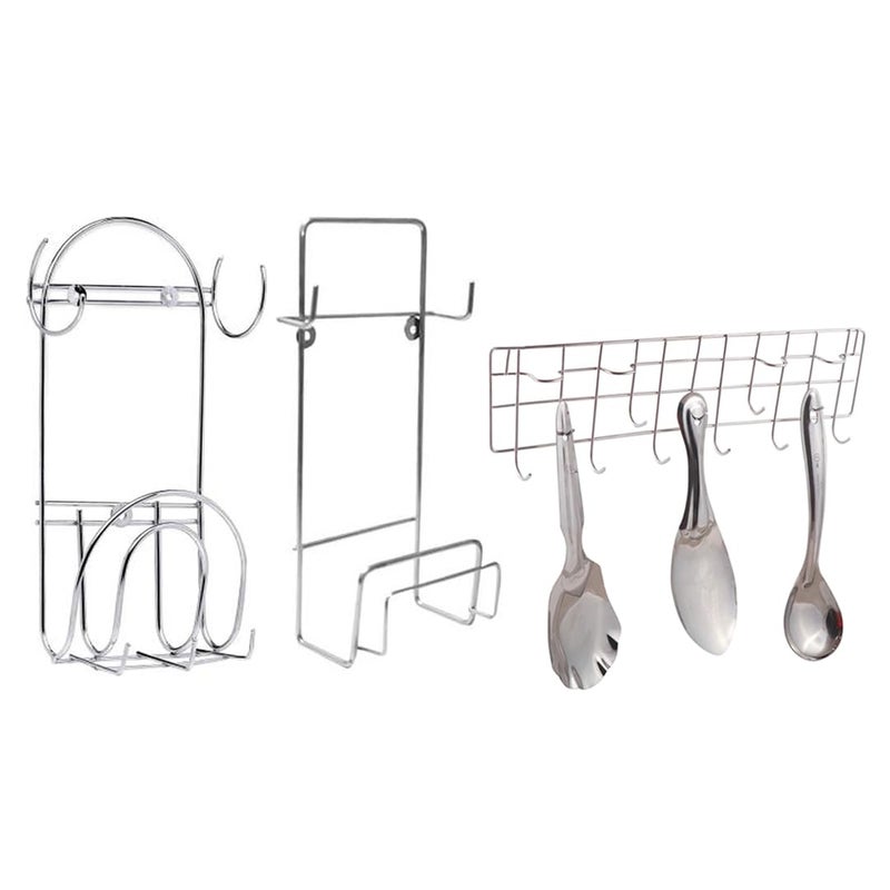 JISUN Stainless Steel Wall Mounted Ladle Hook Rail Wall Mounted Chakla Belan Stand for Kitchen Silver Pack of 3  - Image 1