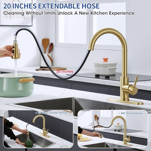 SOEBIZ Brushed Gold Kitchen Faucets with Pull Down Sprayer High Arc Single Handle Stainless Steel Kitchen Sink Faucet for 1 or 3 Hole Ideal for Farmhouse RV Laundry Bar Camper Commercial - Image 3