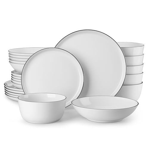 MALACASA 24 Pieces Gourmet Porcelain Dinnerware Sets, Premium Plates and Bowls Set, High-Fired Dishes Set for 6, Chip & Scratch Resistant, Microwave Dishwasher Safe, White & Black Rim, Series LEXI - Image 1