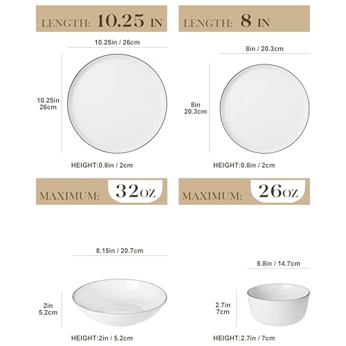 MALACASA 24 Pieces Gourmet Porcelain Dinnerware Sets, Premium Plates and Bowls Set, High-Fired Dishes Set for 6, Chip & Scratch Resistant, Microwave Dishwasher Safe, White & Black Rim, Series LEXI - Image 2