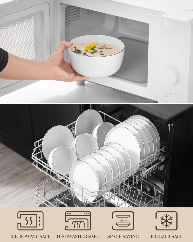 MALACASA 24 Pieces Gourmet Porcelain Dinnerware Sets, Premium Plates and Bowls Set, High-Fired Dishes Set for 6, Chip & Scratch Resistant, Microwave Dishwasher Safe, White & Black Rim, Series LEXI - Image 4